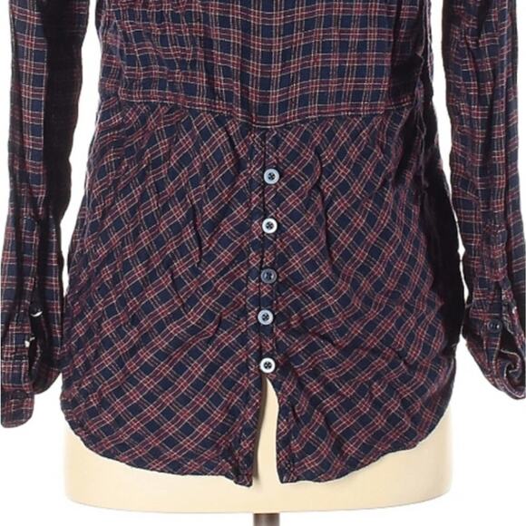 Lucky Brand size small Bungalow burgundy red navy plaid buttoned tuxedo back - Picture 4 of 4